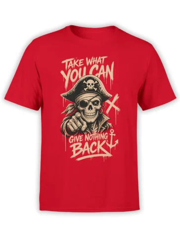 Red pirate T-shirt with a grinning skeleton captain, eyepatch, anchor, and distressed cream lettering