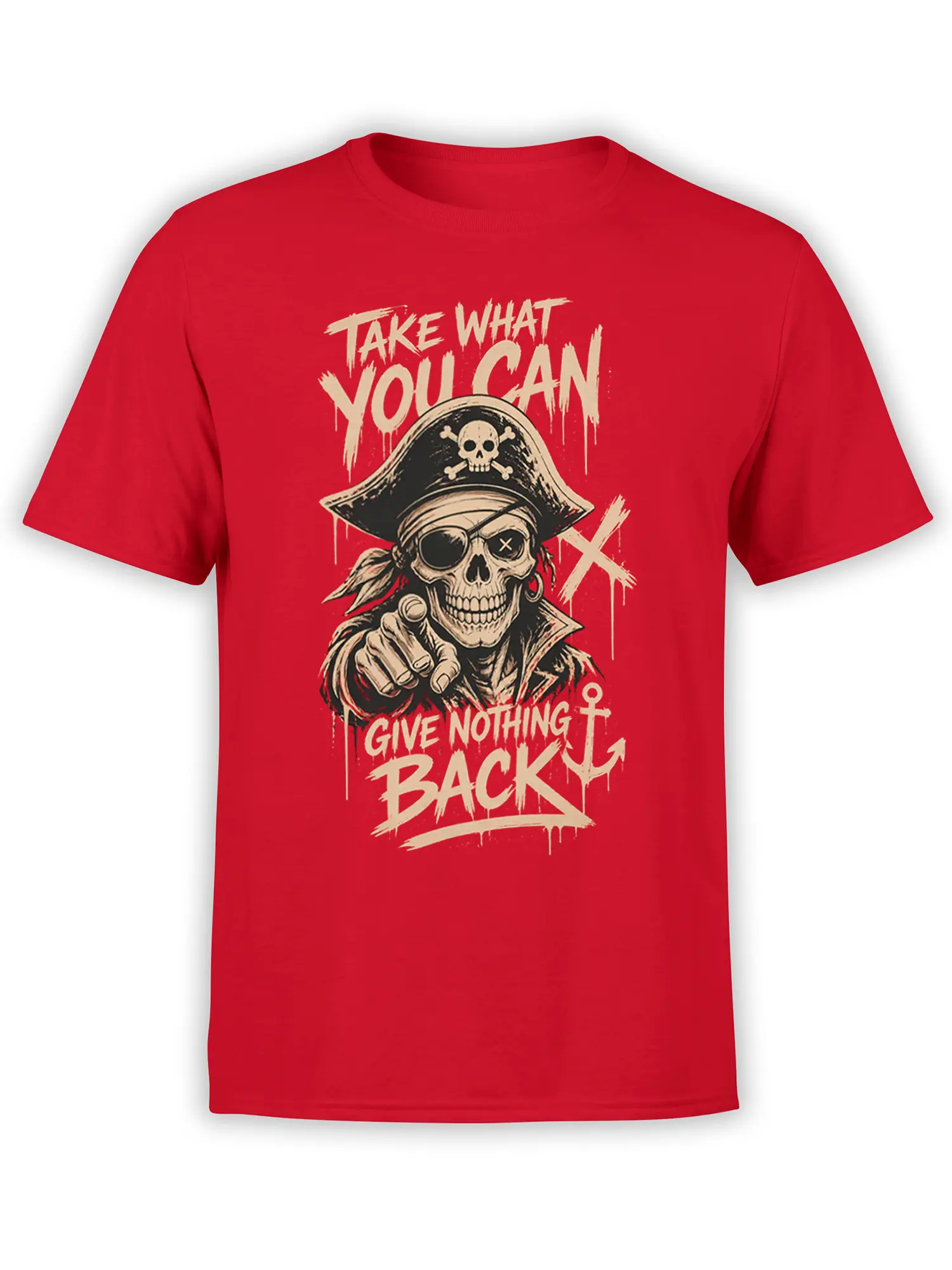 Red pirate T-shirt with a grinning skeleton captain, eyepatch, anchor, and distressed cream lettering