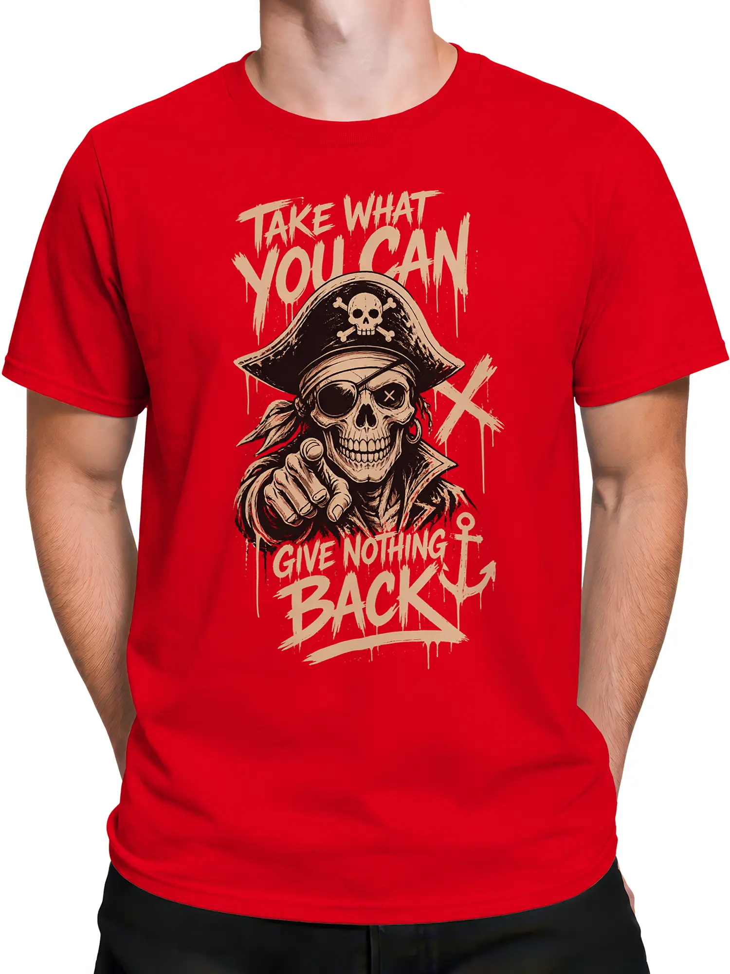 Male torso wearing a red pirate T-shirt with a grinning skeleton and nautical anchor