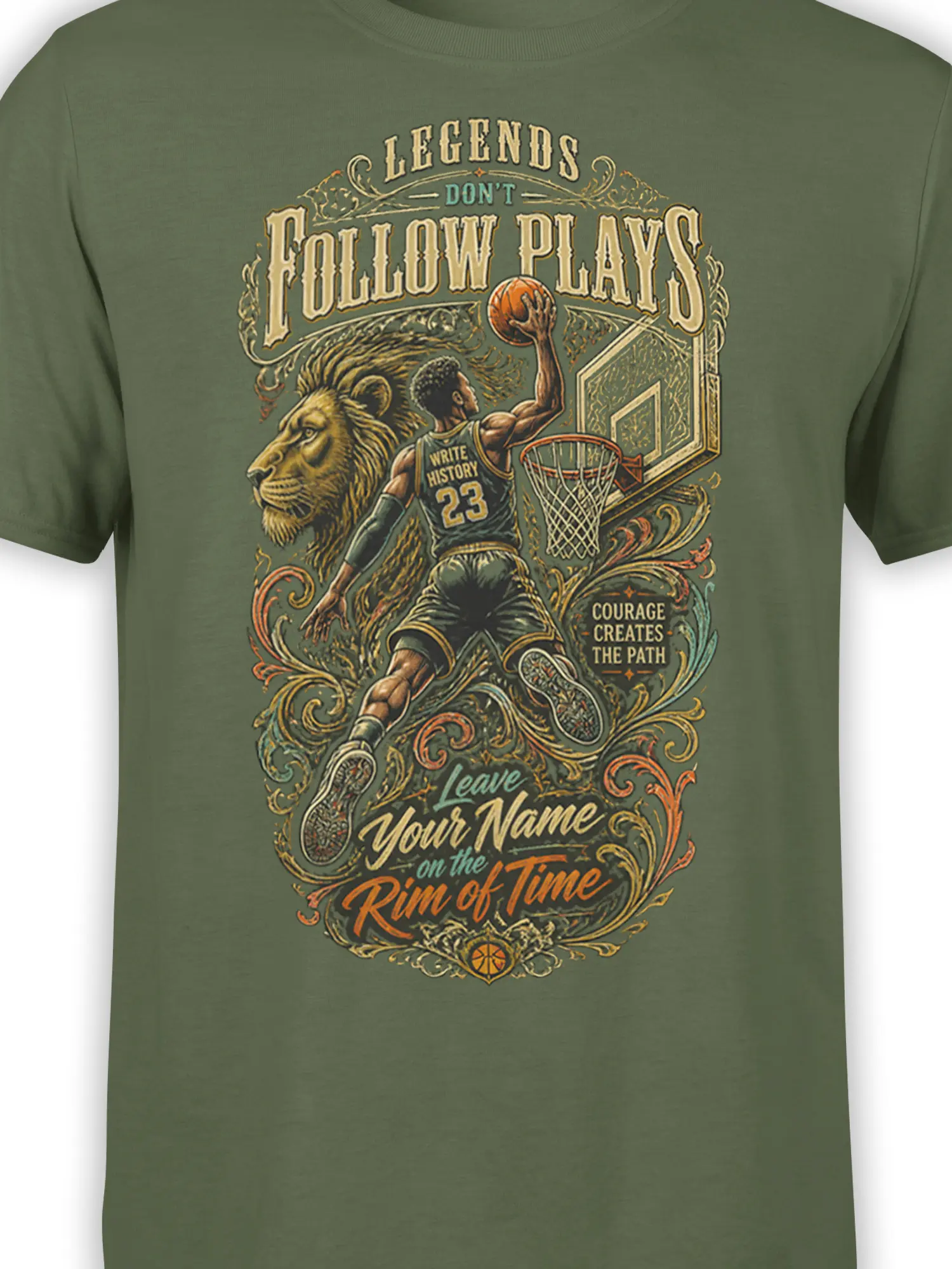 Close-up of green basketball shirt design with player, lion, hoop, and vintage sports lettering