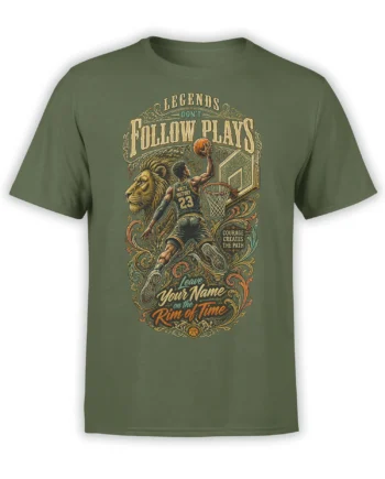 Green basketball T-shirt with leaping player, lion artwork, and Legends Don't Follow Plays lettering