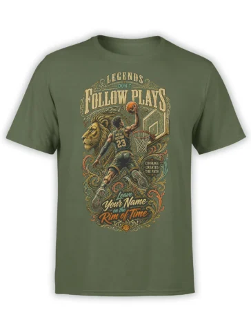 Green basketball T-shirt with leaping player, lion artwork, and Legends Don't Follow Plays lettering