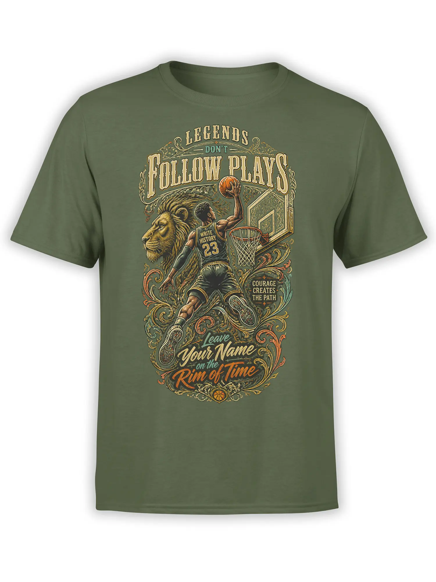 Green basketball T-shirt with leaping player, lion artwork, and Legends Don't Follow Plays lettering