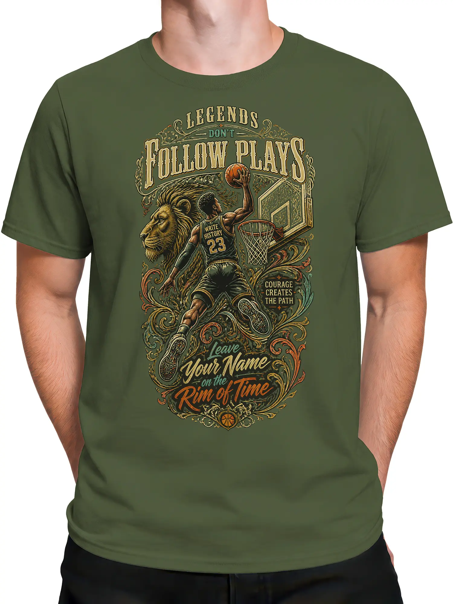 Male torso wearing green basketball T-shirt with leaping player and lion graphic