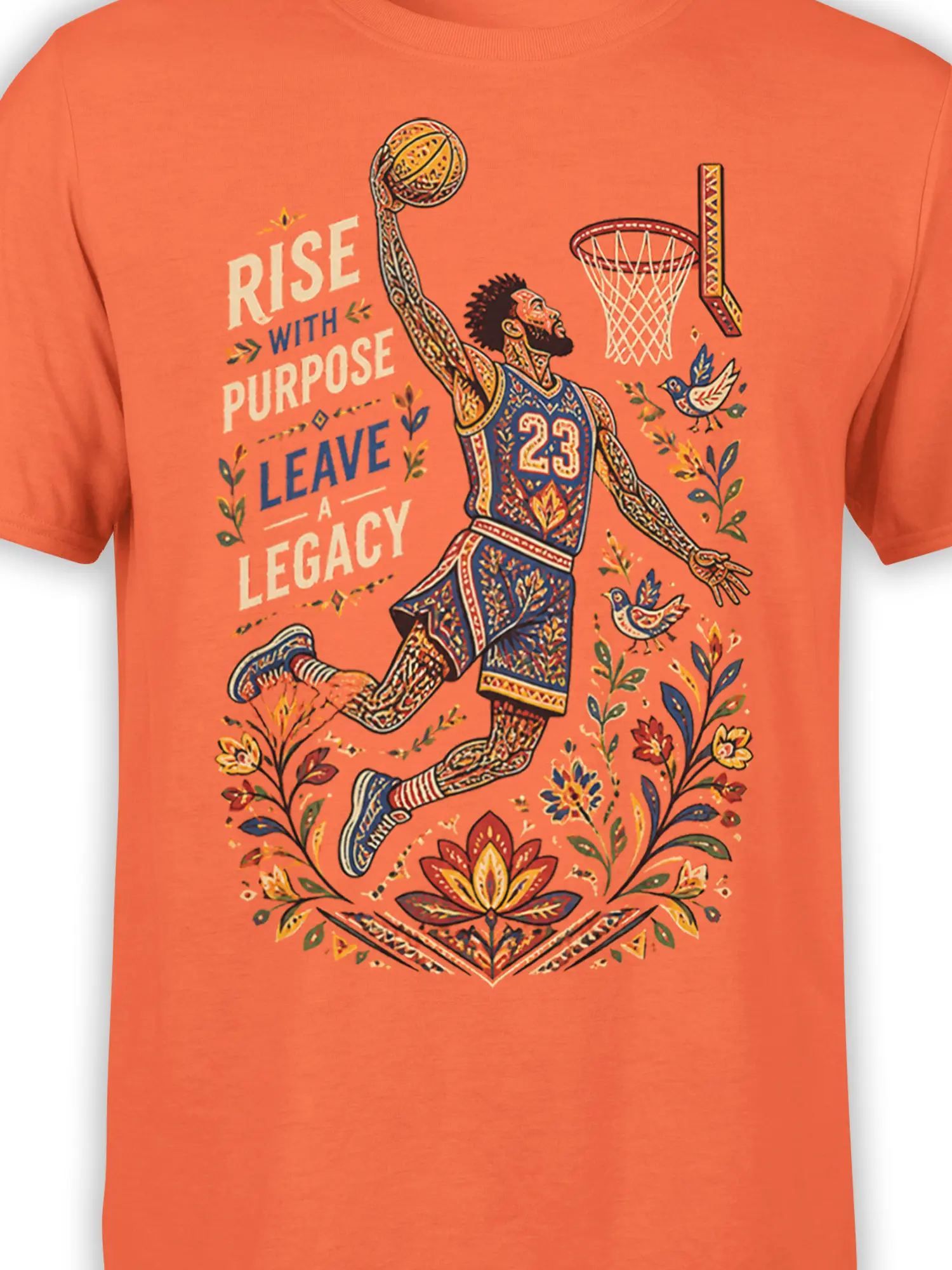 Close-up of ornate orange basketball player artwork with floral details, birds, hoop, and legacy lettering
