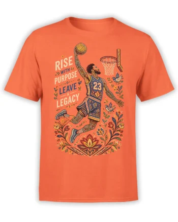 Orange basketball player T-shirt with ornate artwork, floral branches, birds, hoop, and a legacy message