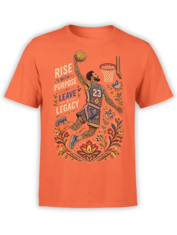 Orange basketball player T-shirt with ornate artwork, floral branches, birds, hoop, and a legacy message