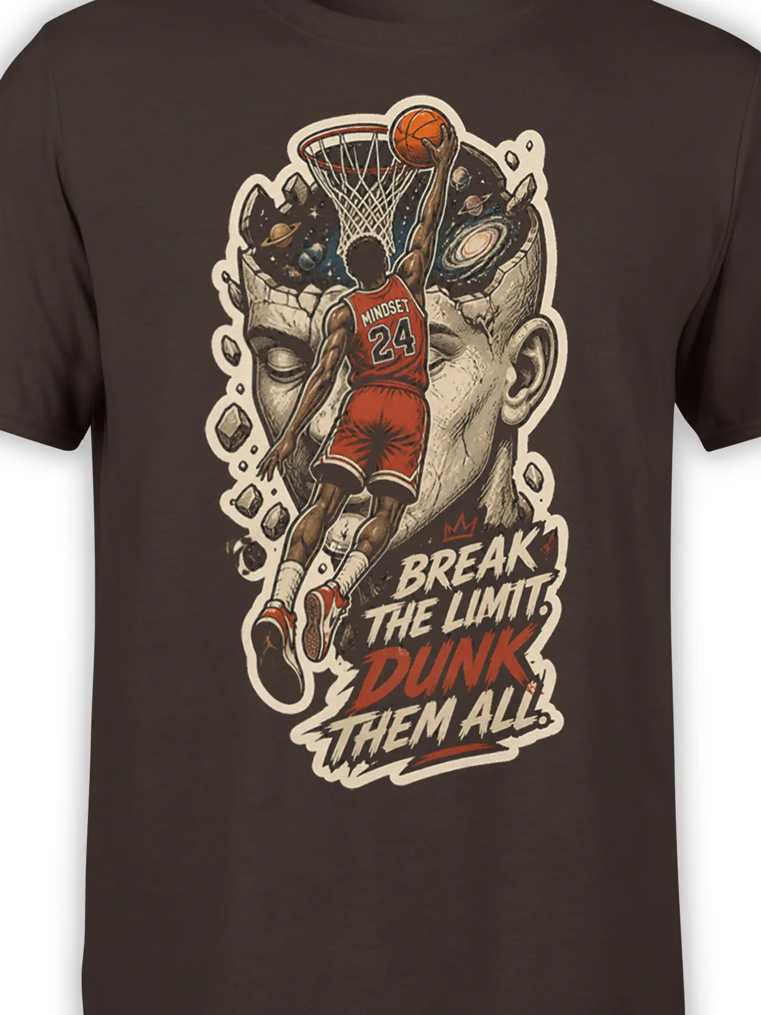 Close-up of cosmic basketball dunk artwork with a red jersey, galaxy background, and bold lettering