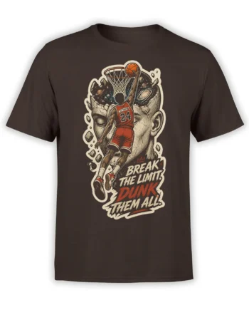 Basketball player dunking through a cosmic hoop on a dark brown motivational graphic T-shirt