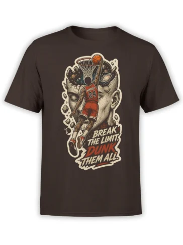 Basketball player dunking through a cosmic hoop on a dark brown motivational graphic T-shirt