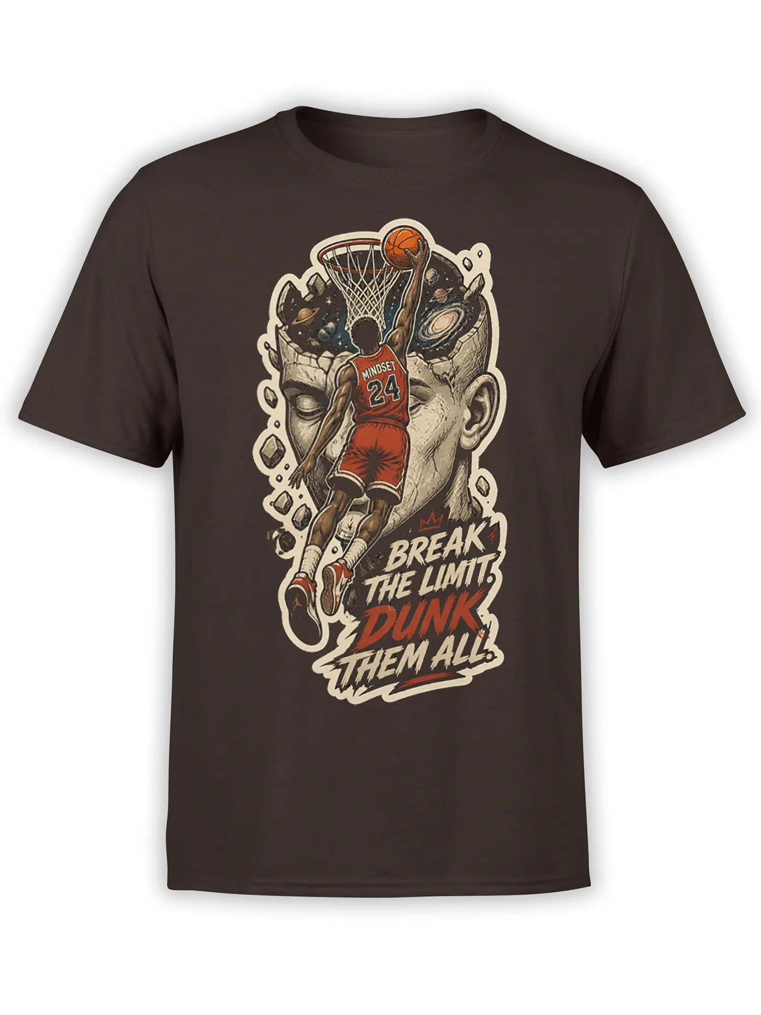 Basketball player dunking through a cosmic hoop on a dark brown motivational graphic T-shirt