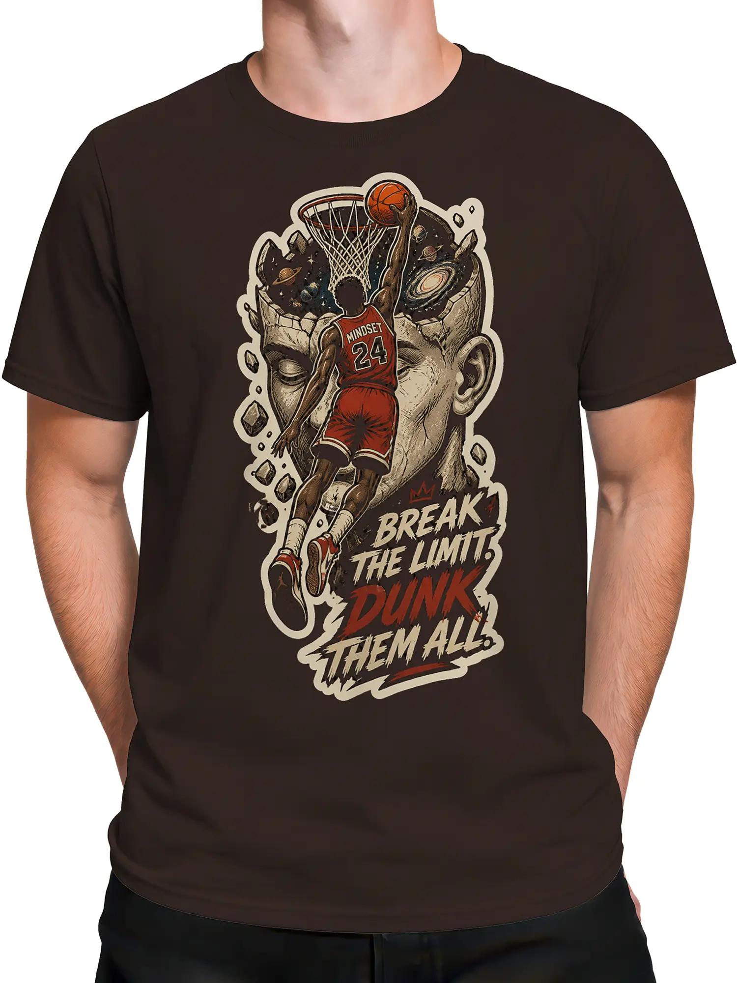 Male torso wearing a dark brown cosmic basketball T-shirt with a player dunking through a space-themed hoop