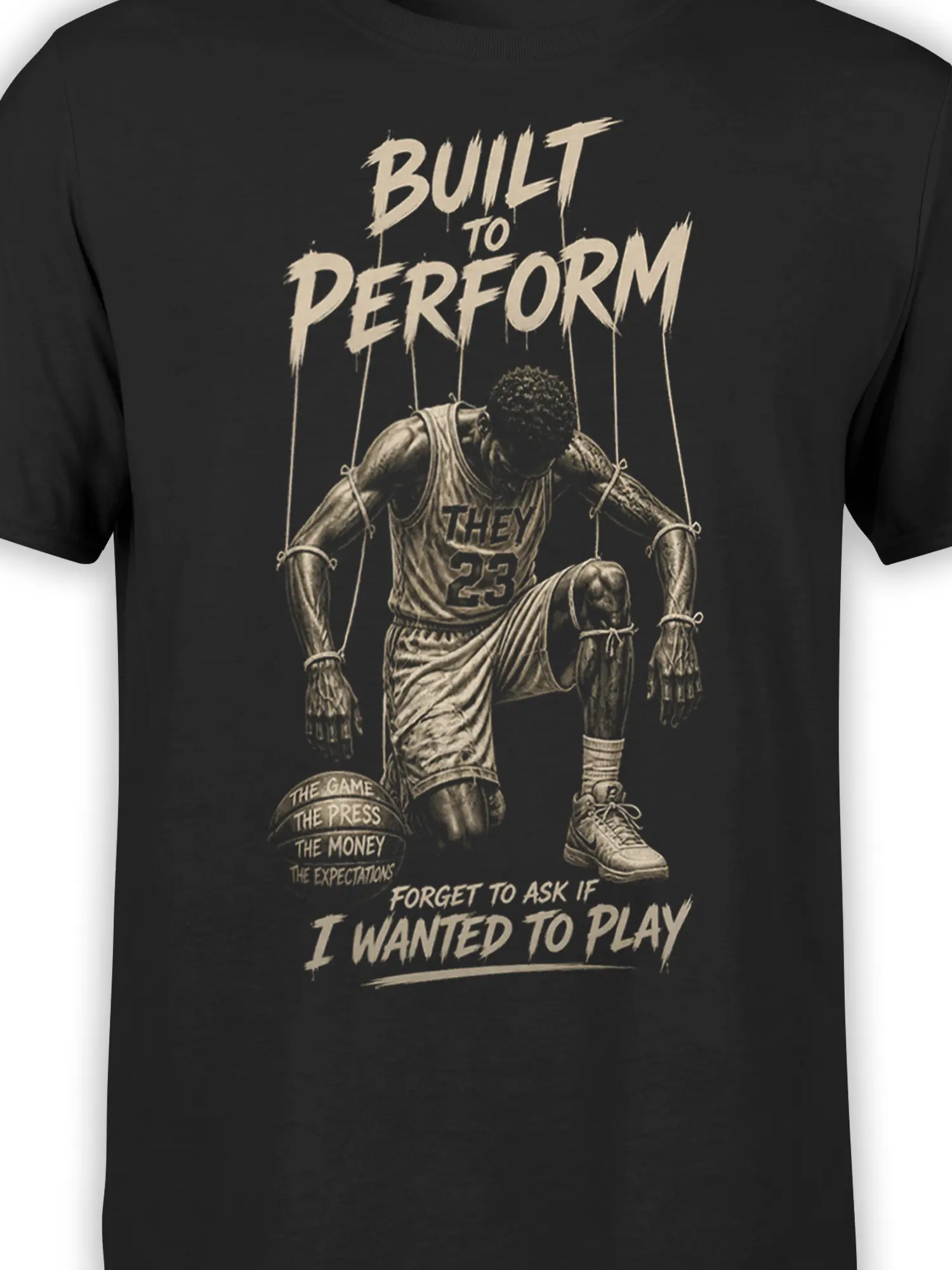 Close-up of basketball athlete graphic and Built to Perform text on black T-shirt