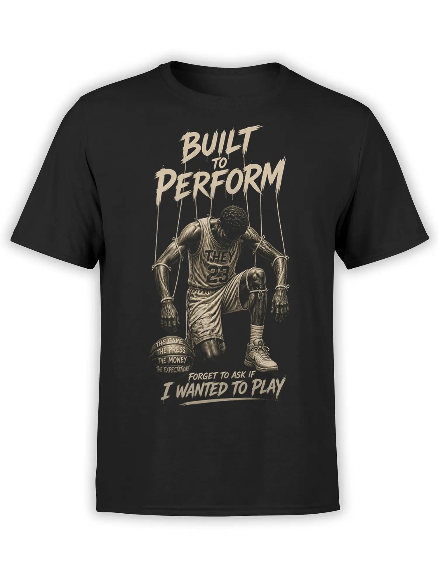 Black basketball T-shirt with kneeling athlete, puppet strings, and Built to Perform artwork