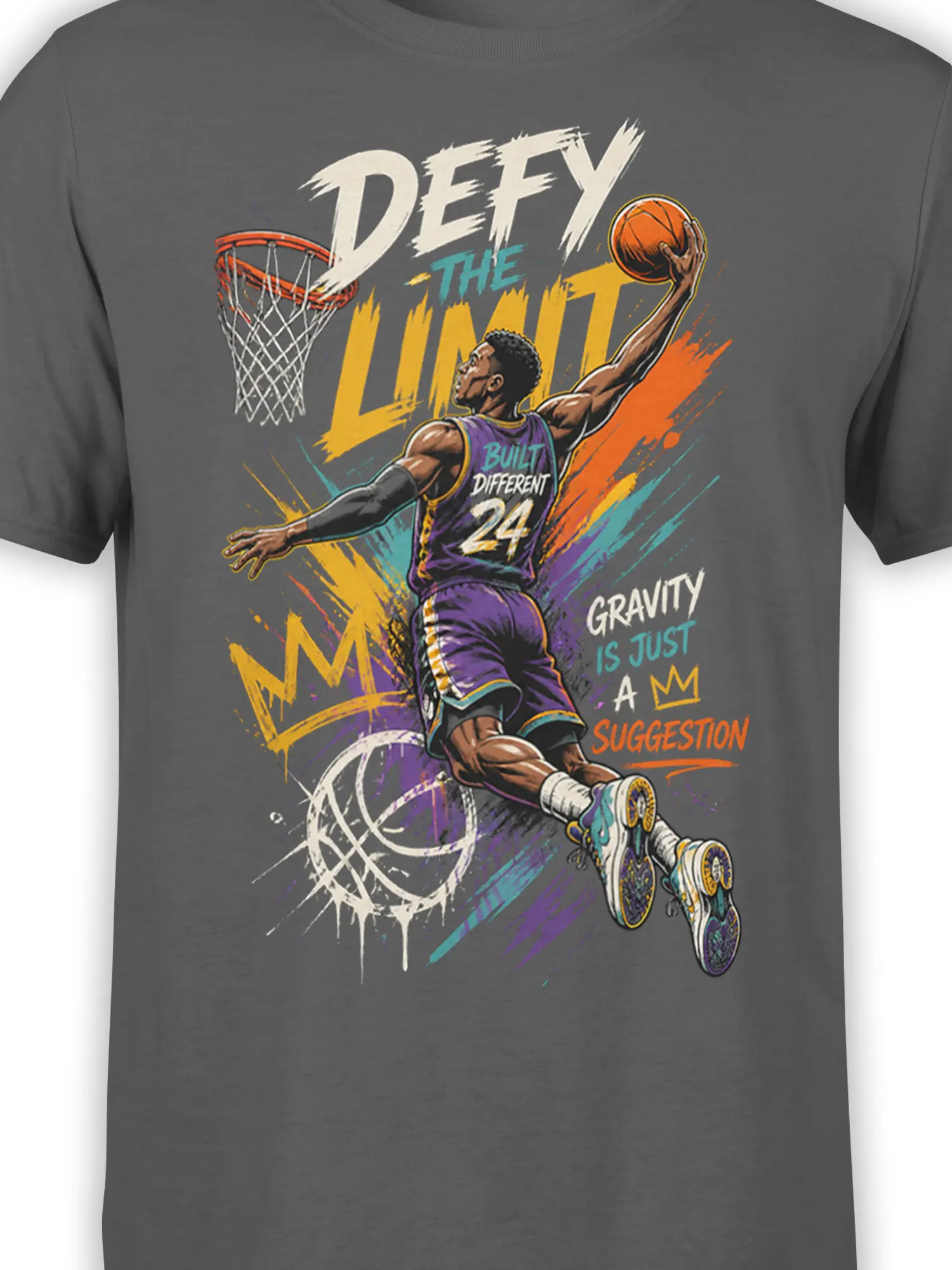 Close-up of airborne basketball player and bold Defy the Limit artwork on gray graphic tee