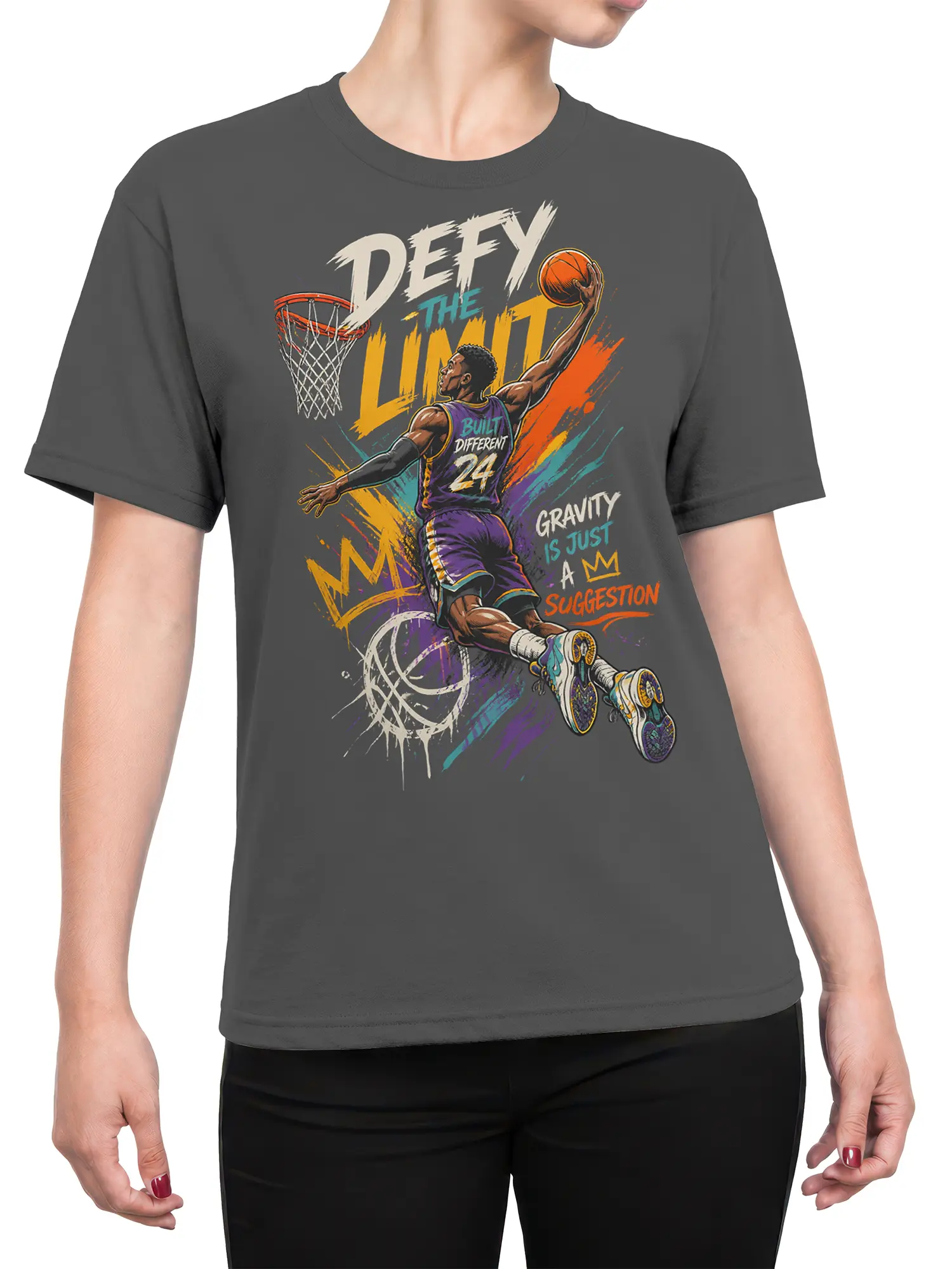 Female torso wearing gray basketball T-shirt with colorful airborne player and bold court-inspired artwork