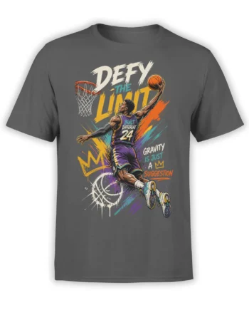 Gray basketball T-shirt with airborne player, colorful paint strokes, and bold Defy the Limit lettering