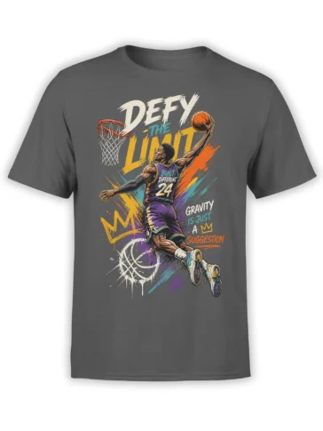 Gray basketball T-shirt with airborne player, colorful paint strokes, and bold Defy the Limit lettering