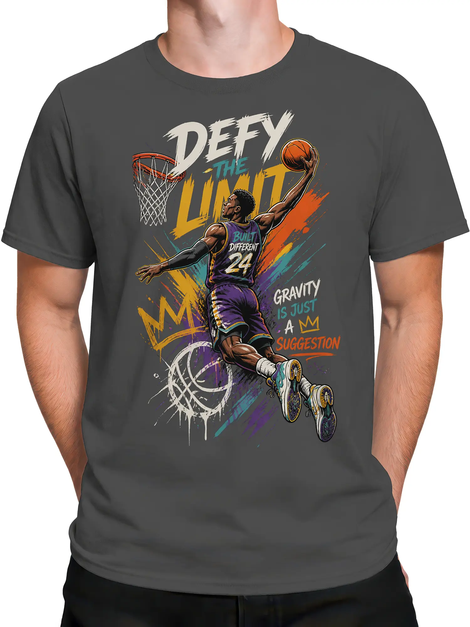 Male torso wearing gray basketball T-shirt with airborne player and colorful Defy the Limit design