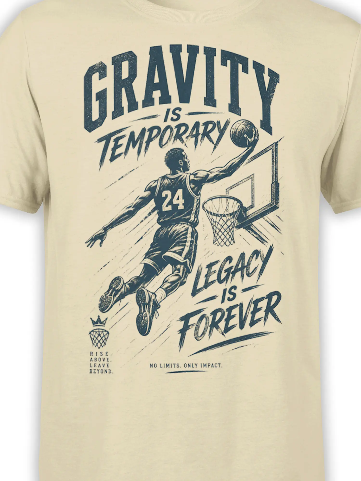 Close-up of vintage basketball dunk graphic and “Legacy Is Forever” message on cream fabric