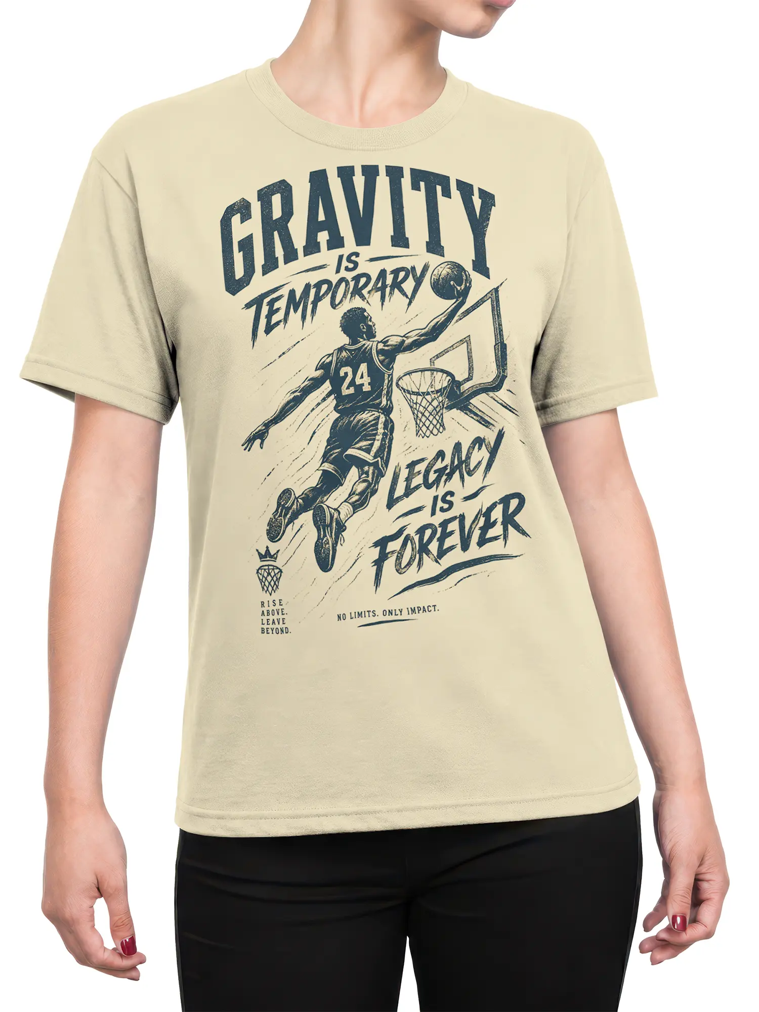Female torso wearing a cream basketball T-shirt with a vintage player, hoop, and legacy message