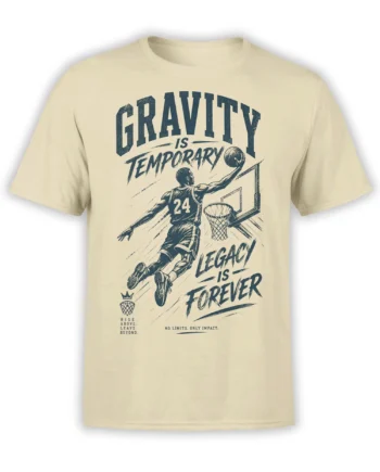 Vintage basketball player dunking graphic on a cream T-shirt with “Gravity Is Temporary” lettering