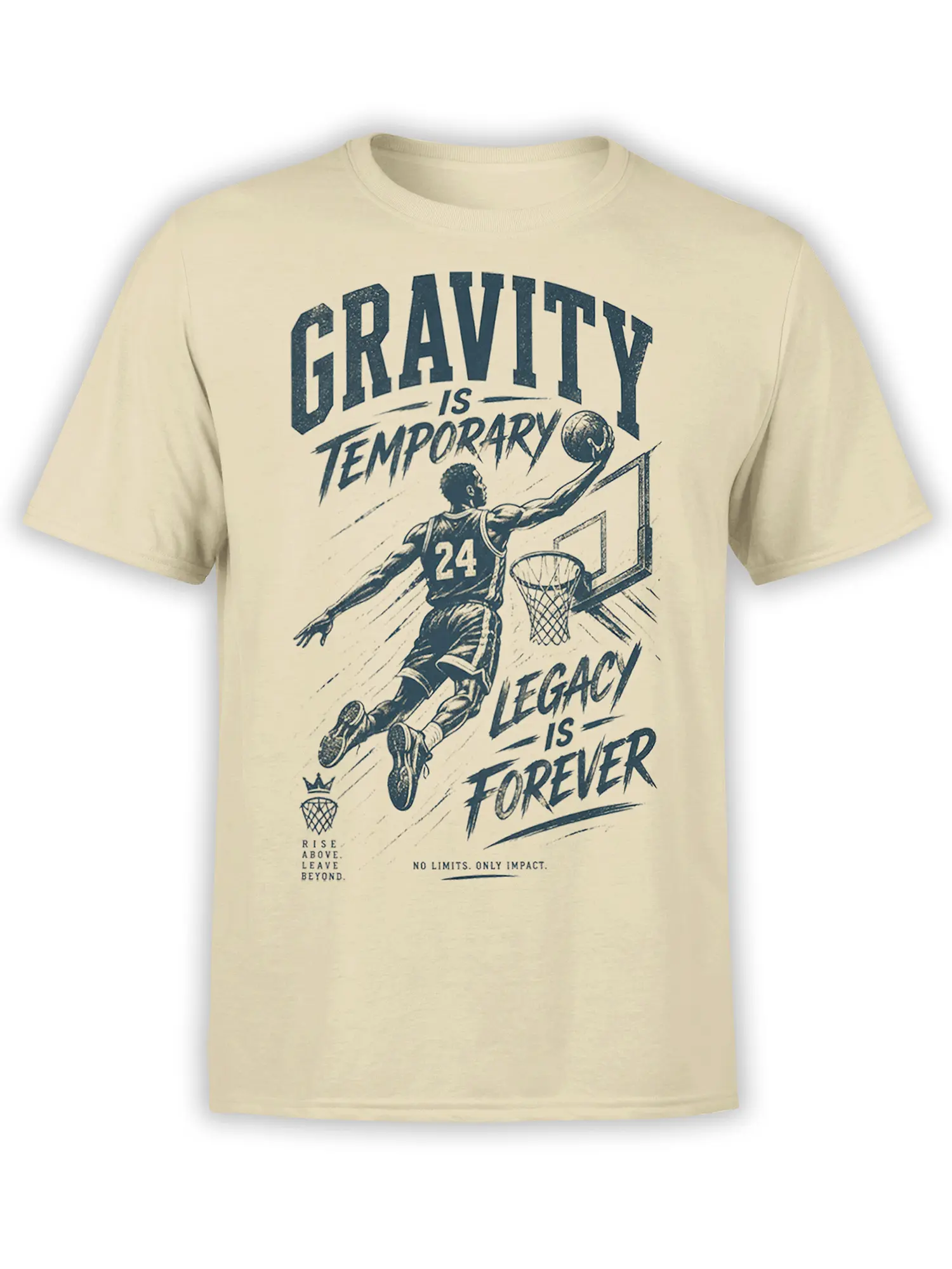 Vintage basketball player dunking graphic on a cream T-shirt with “Gravity Is Temporary” lettering