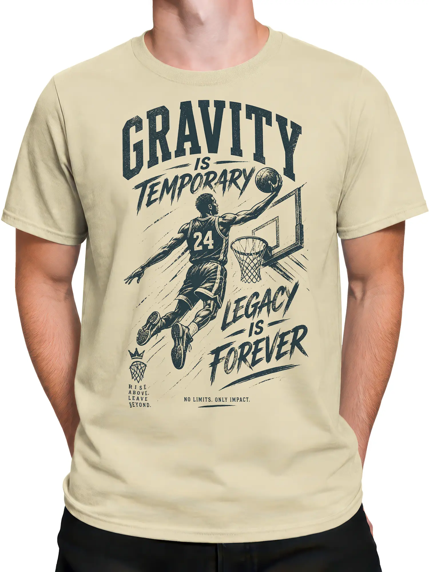 Male torso wearing a cream vintage basketball T-shirt with motivational graphic and bold lettering