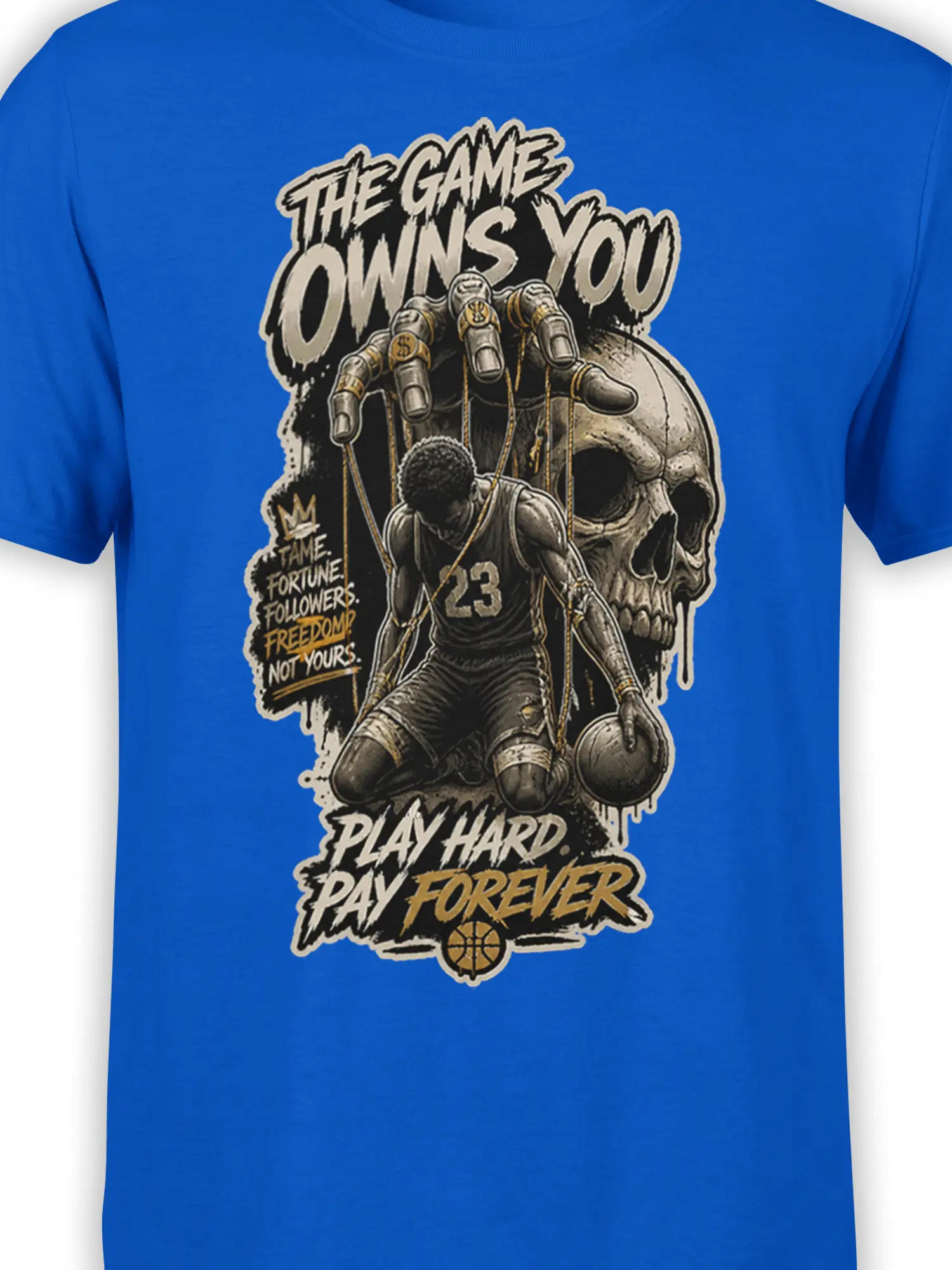 Close-up of blue basketball shirt artwork showing the number 23 player, skull, skeletal hand, and bold street-style lettering