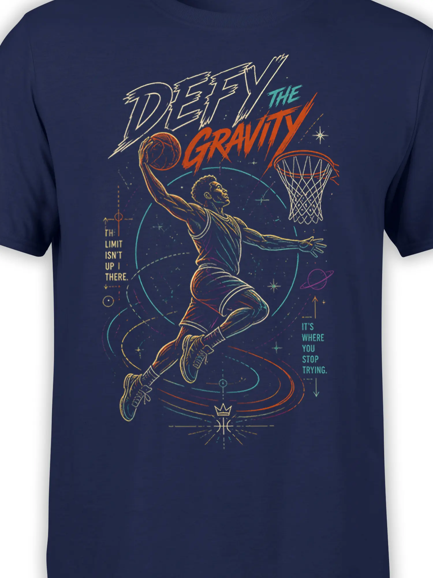 Close-up of airborne basketball player and cosmic basketball artwork on a navy T-shirt