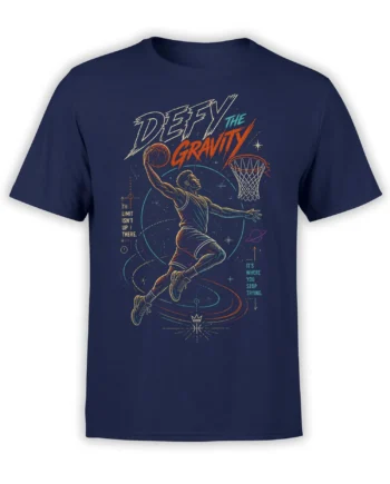 Airborne basketball player reaching toward a hoop in colorful cosmic artwork on a navy T-shirt