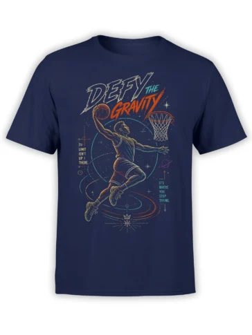 Airborne basketball player reaching toward a hoop in colorful cosmic artwork on a navy T-shirt