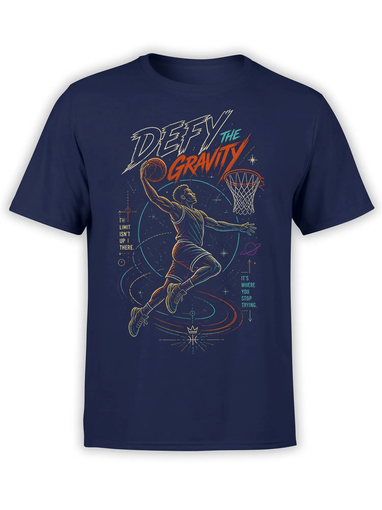 Airborne basketball player reaching toward a hoop in colorful cosmic artwork on a navy T-shirt