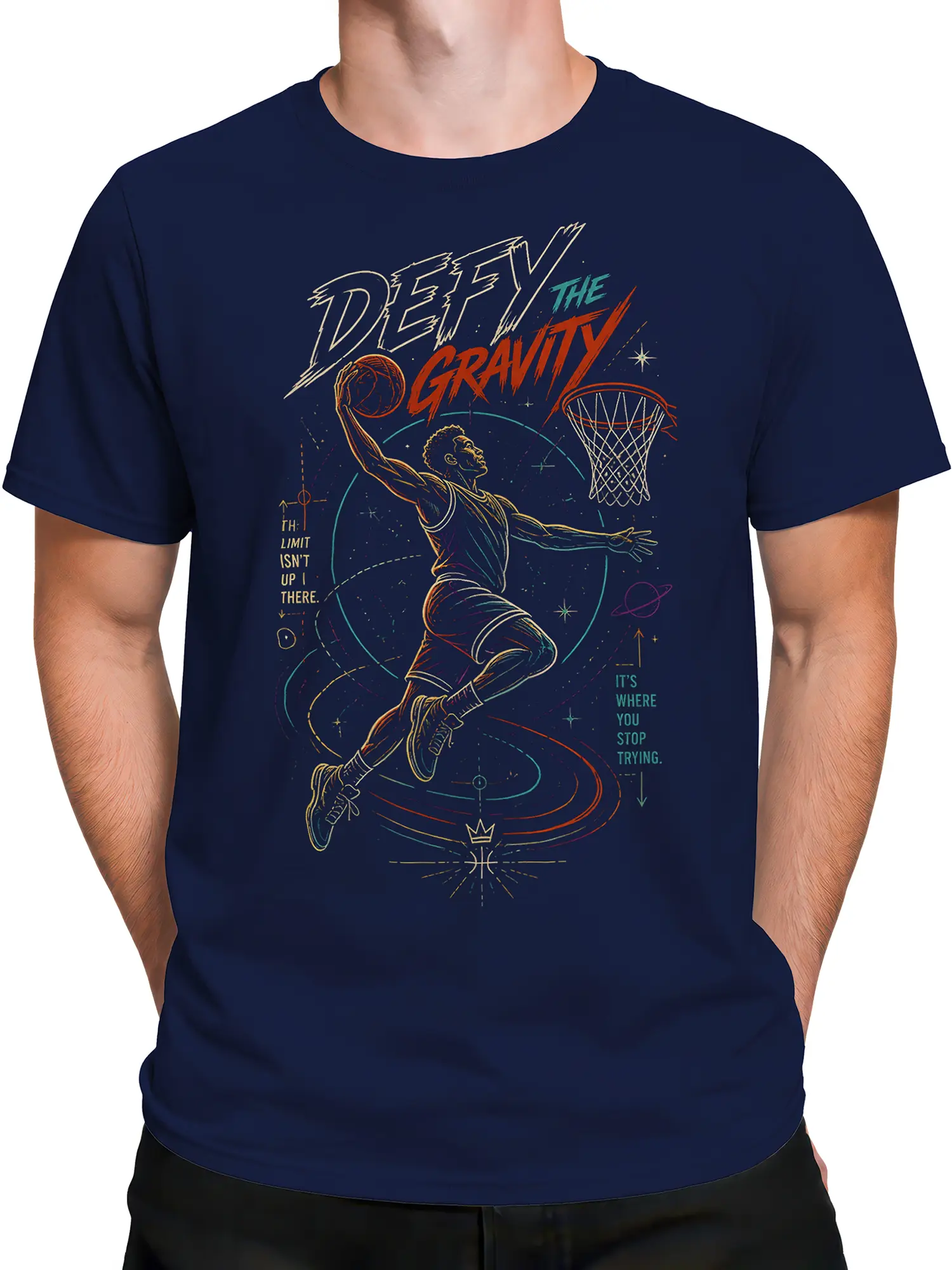 Male torso wearing a navy T-shirt with an airborne basketball player graphic