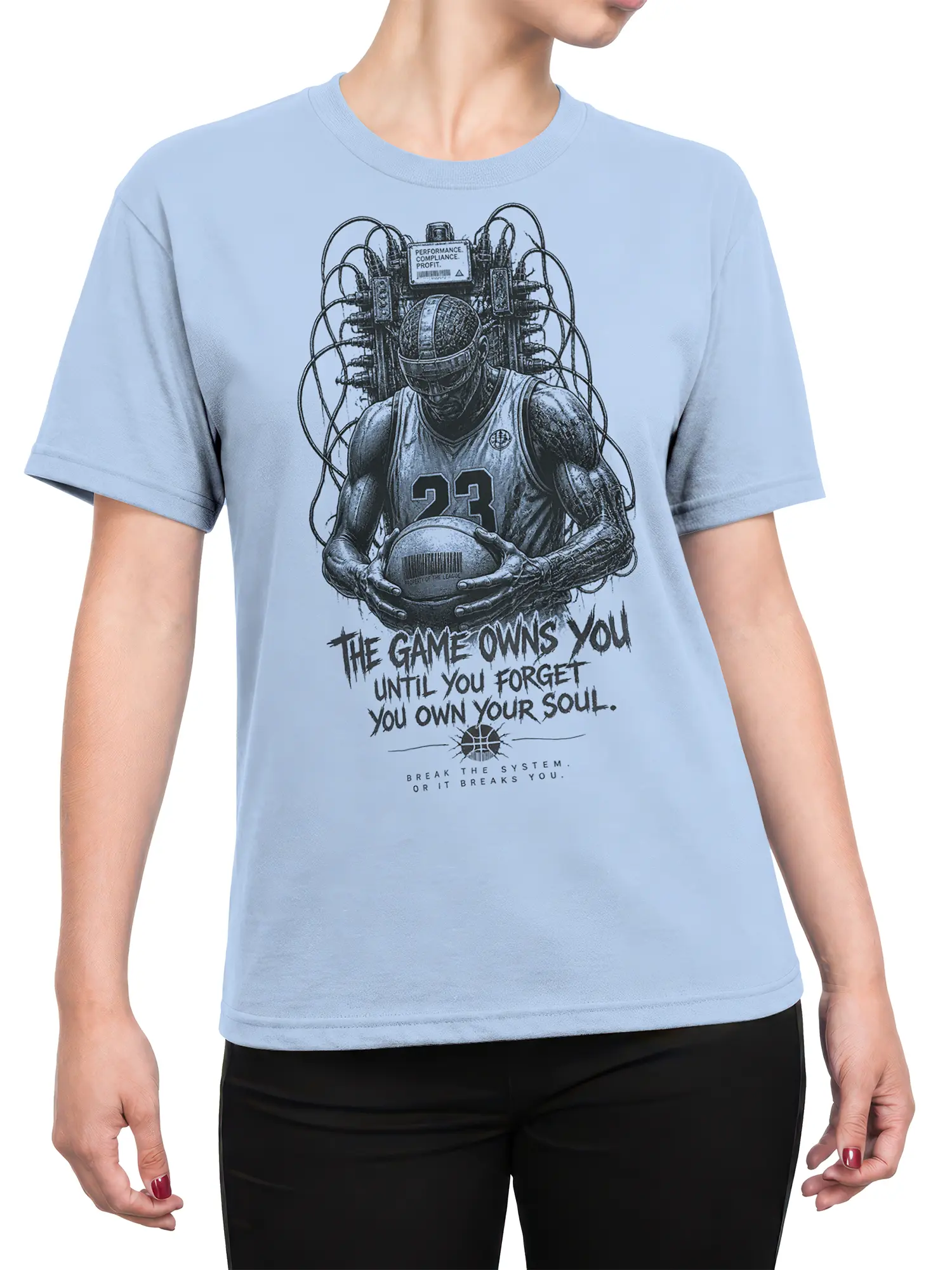 Female torso wearing a light blue T-shirt with a futuristic number 23 basketball player and rebellious graphic