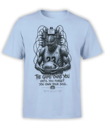 Futuristic basketball player in number 23 jersey with wires and a rebellious message on a light blue T-shirt