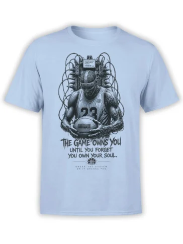Futuristic basketball player in number 23 jersey with wires and a rebellious message on a light blue T-shirt