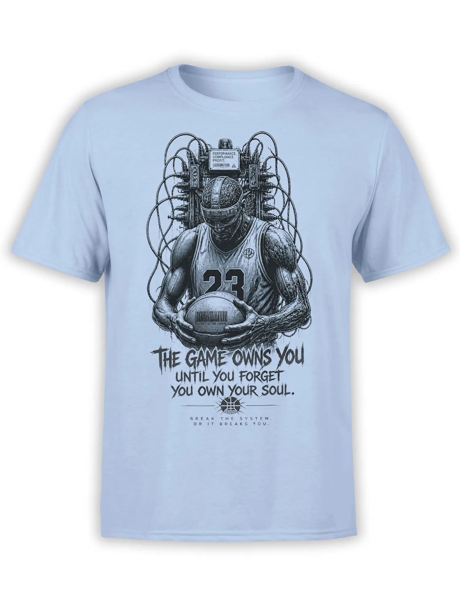 Futuristic basketball player in number 23 jersey with wires and a rebellious message on a light blue T-shirt