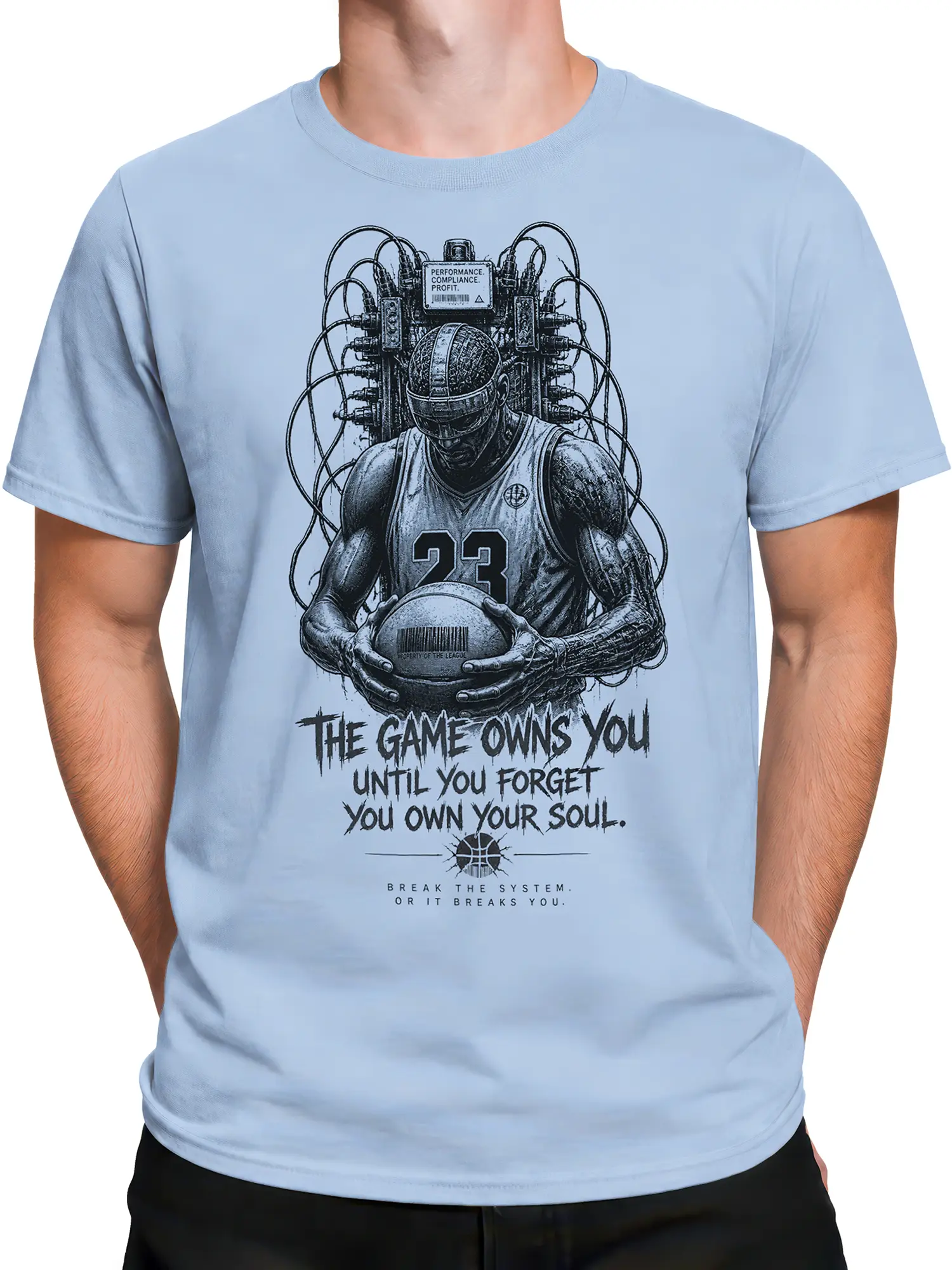 Male torso wearing a light blue T-shirt with wired futuristic basketball player artwork and system-breaker text