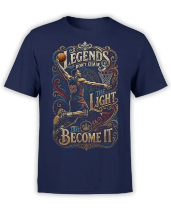 Navy basketball T-shirt with airborne player, number 23, ornate lettering, crown, hoop, and legendary message