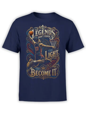 Navy basketball T-shirt with airborne player, number 23, ornate lettering, crown, hoop, and legendary message
