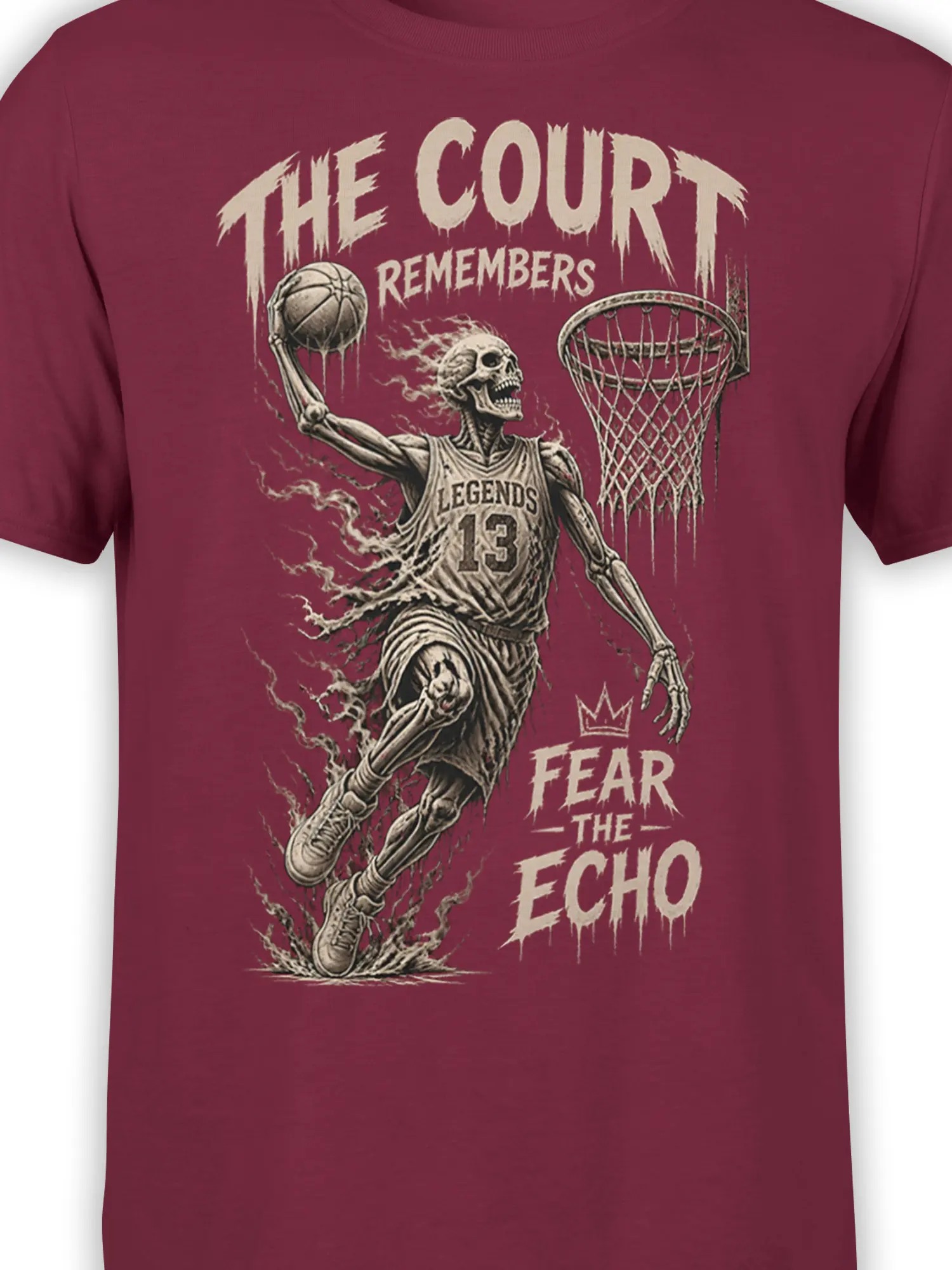 Close-up of skeleton basketball player and hoop graphic with “Fear the Echo” lettering on burgundy fabric