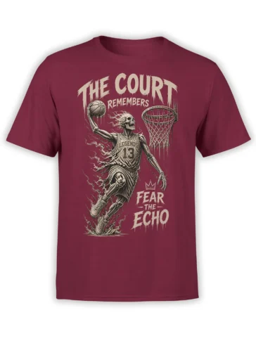 Burgundy T-shirt with a skeleton basketball player, hoop, and distressed “The Court Remembers” artwork