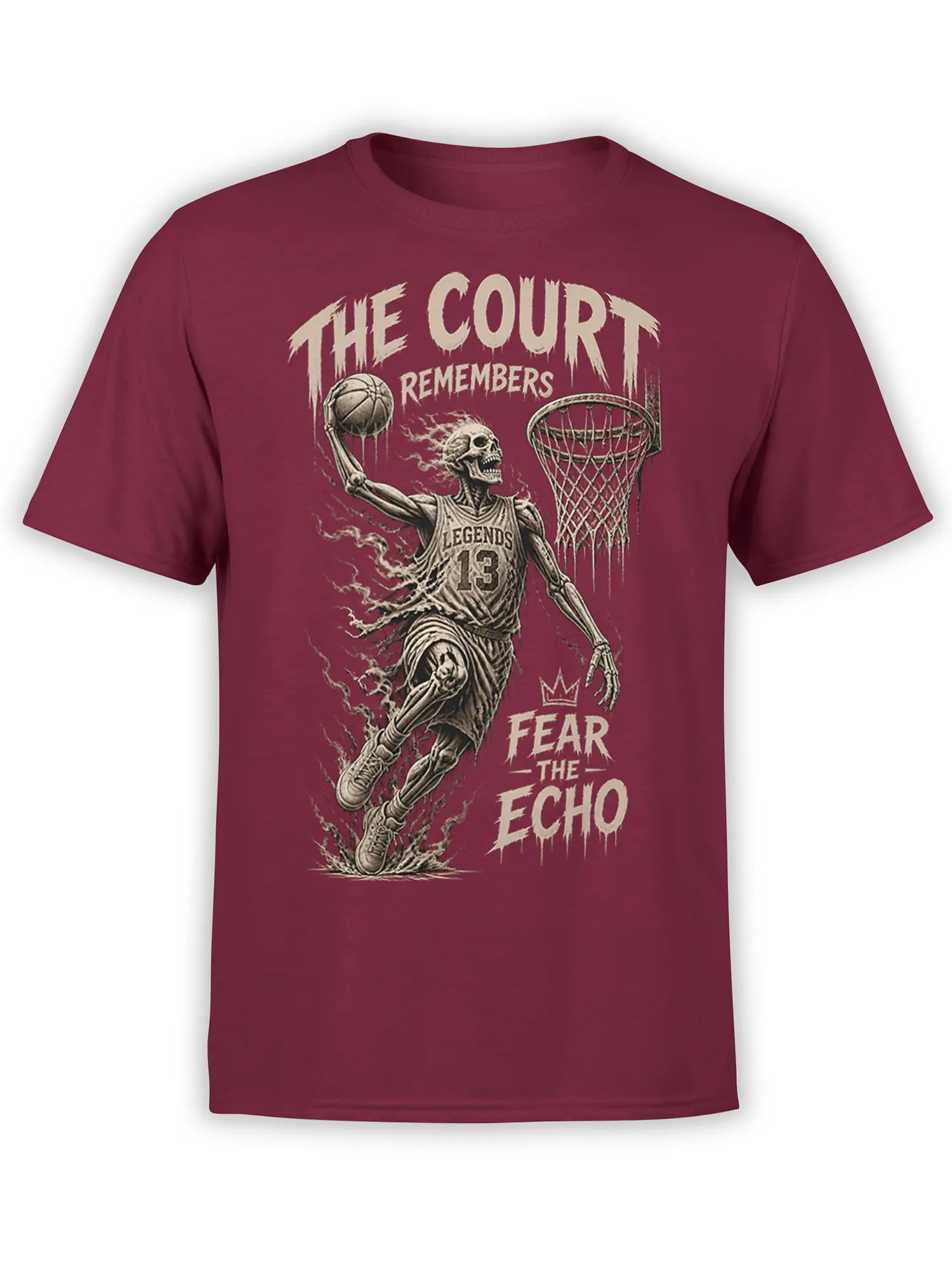 Burgundy T-shirt with a skeleton basketball player, hoop, and distressed “The Court Remembers” artwork