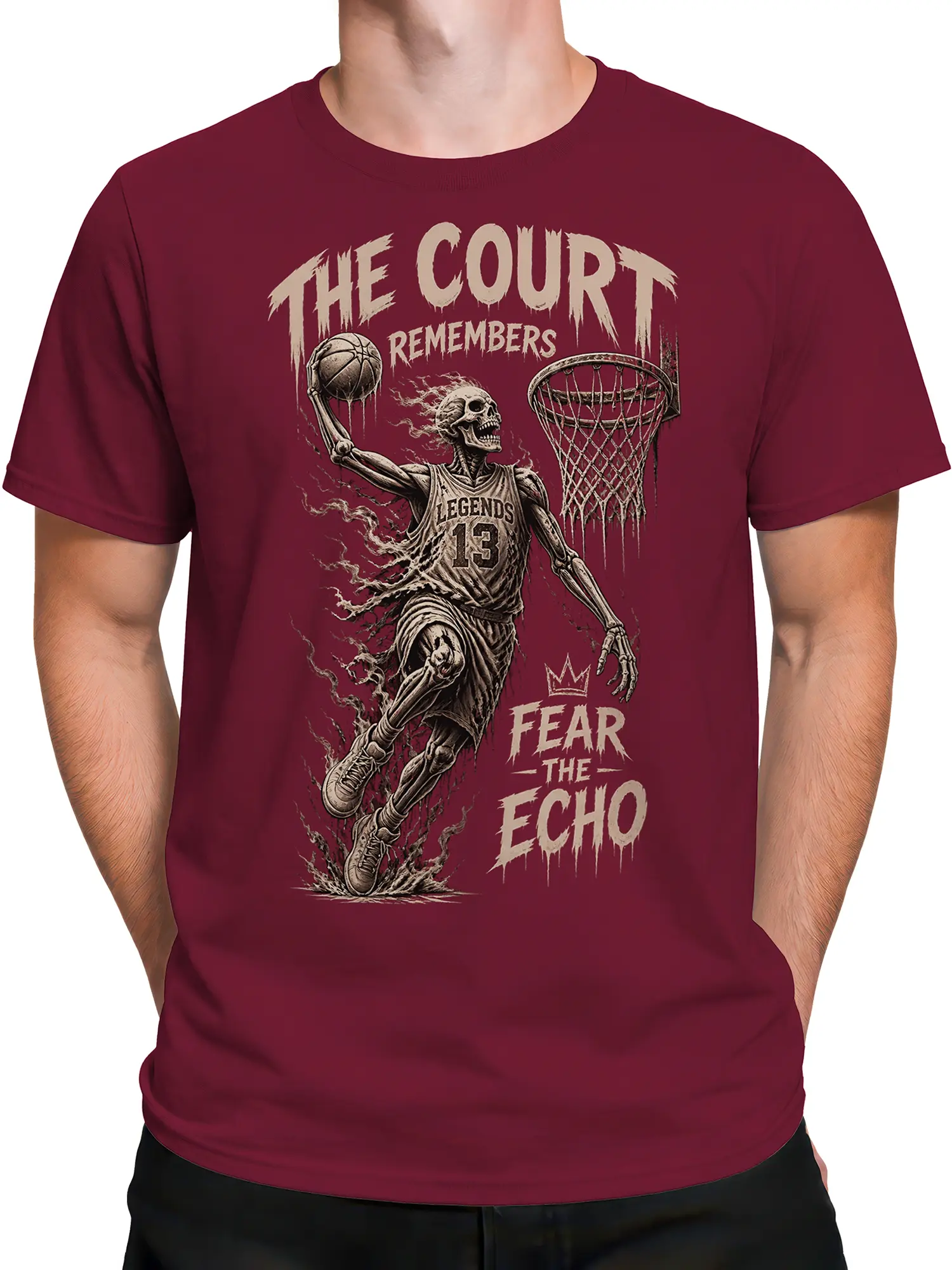 Male torso wearing a burgundy skeleton basketball T-shirt with dark sports-horror artwork