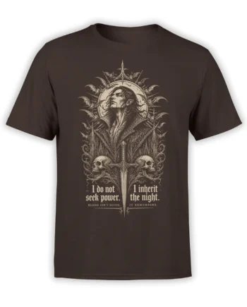 Gothic vampire figure with bats, skulls, sword, and blackletter quote on a dark brown T-shirt