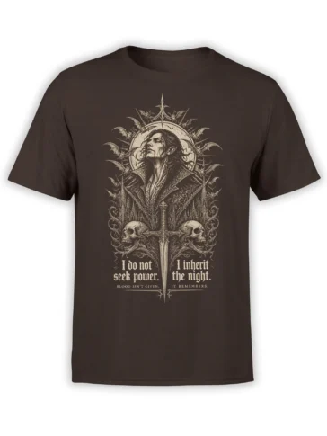 Gothic vampire figure with bats, skulls, sword, and blackletter quote on a dark brown T-shirt