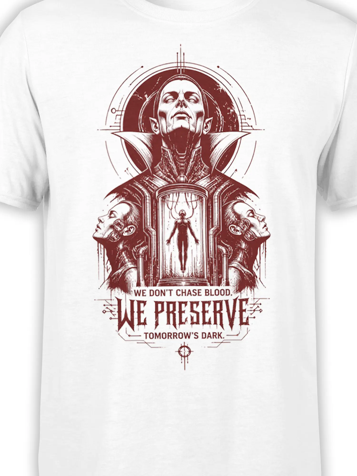 Close-up of dark red gothic vampire artwork, pointed ears, geometric lines, and prophecy text on a white shirt