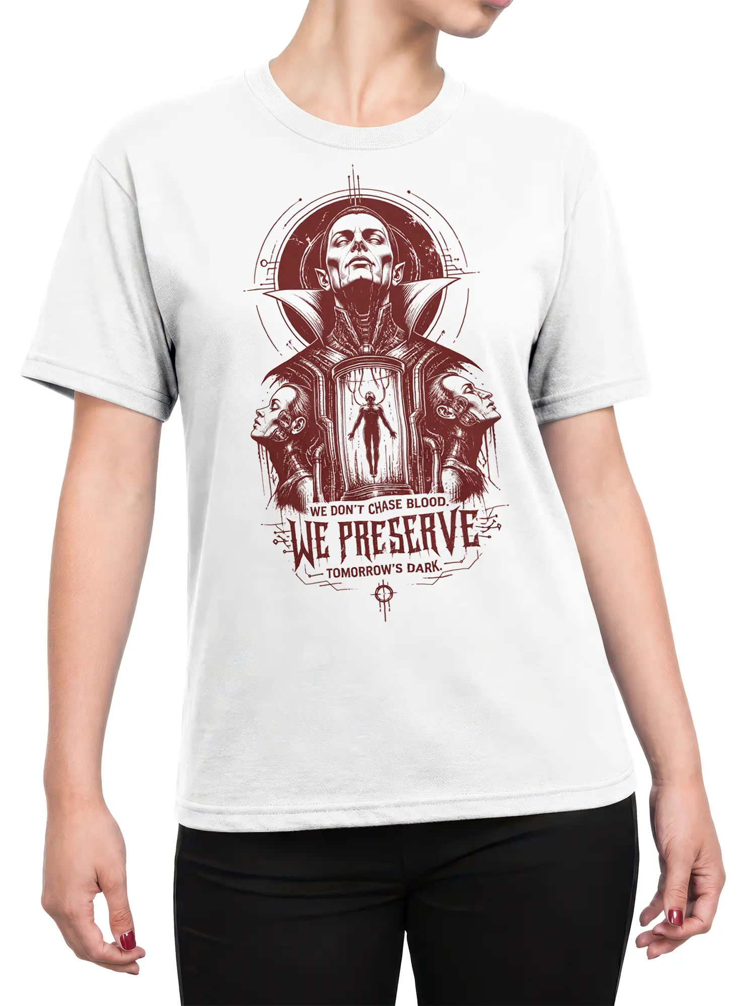 Female torso wearing a white T-shirt with dark red gothic vampire artwork and preserved-dark message