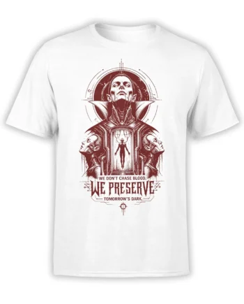 Gothic vampire design in dark red with mirrored figures and text on a white T-shirt